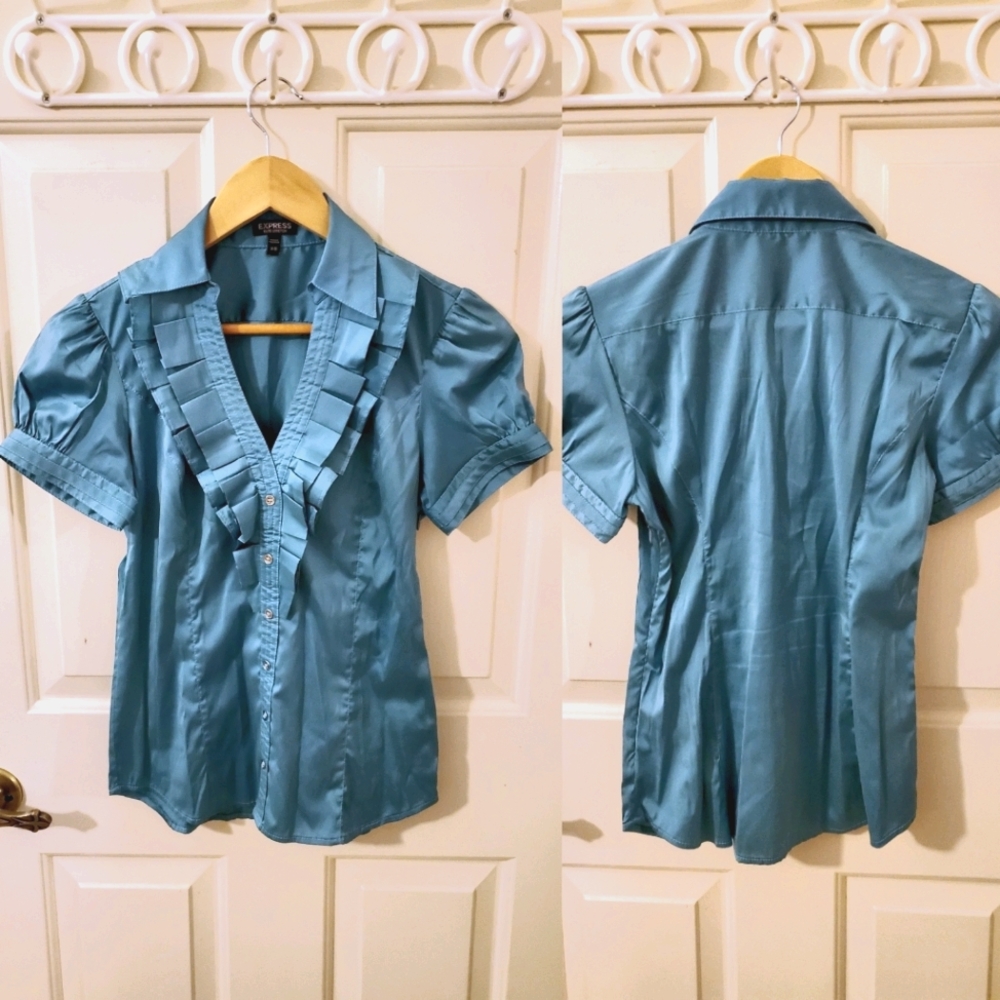 Express Teal Satin Pleated Neck Top